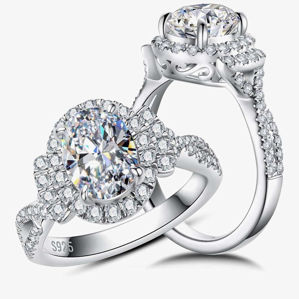 Oval Moissanite Ring Halo Engagement Ring - Picture 2 of 4